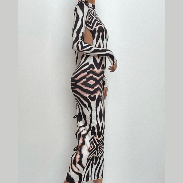 Robe midi contrastée à imprimé tigre et dos nu à manches longues et à nouer soi-même