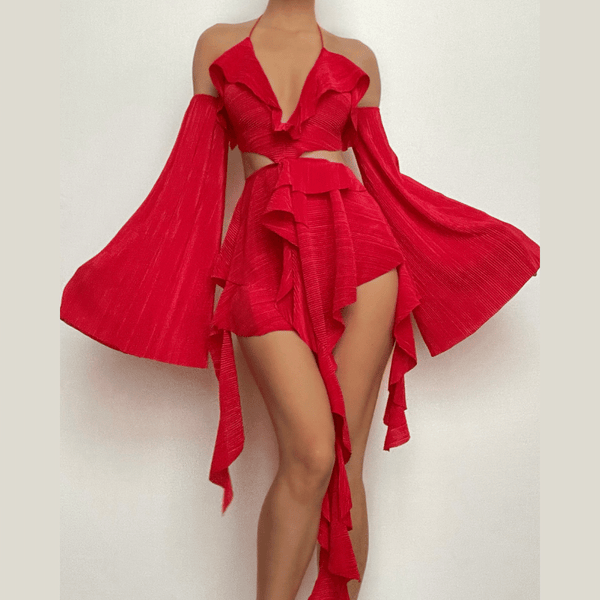 Textured gloves ruffle solid hollow out halter backless mini dress  | red tango dress