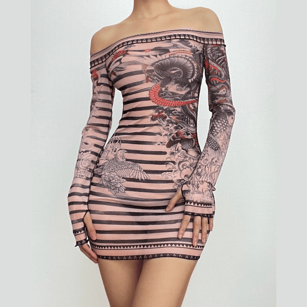 Robe courte transparente à épaules dénudées et motif abstrait | Robe Samba 