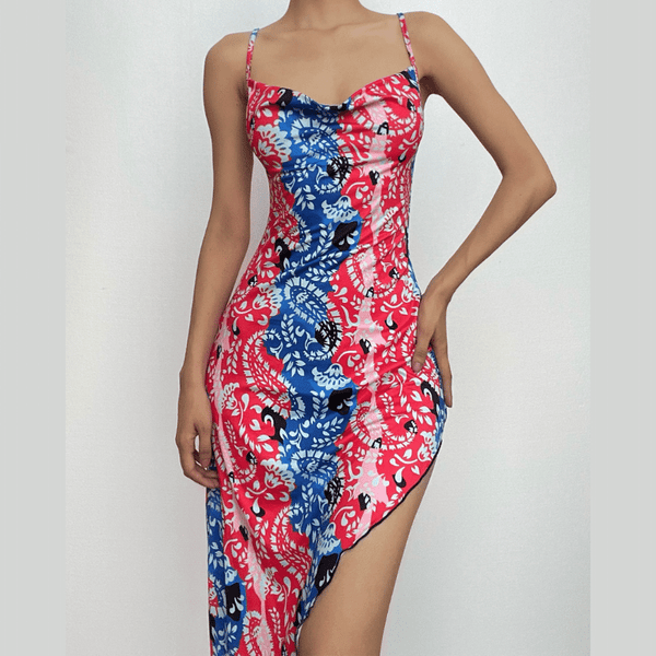 Robe midi camisole à col en V irrégulier et dos nu, imprimé contrasté, col bénitier | robe tango rouge 