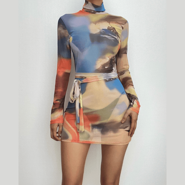 Robe courte à manches longues et col montant en maille transparente à nouer soi-même, imprimé contrasté | robe samba 