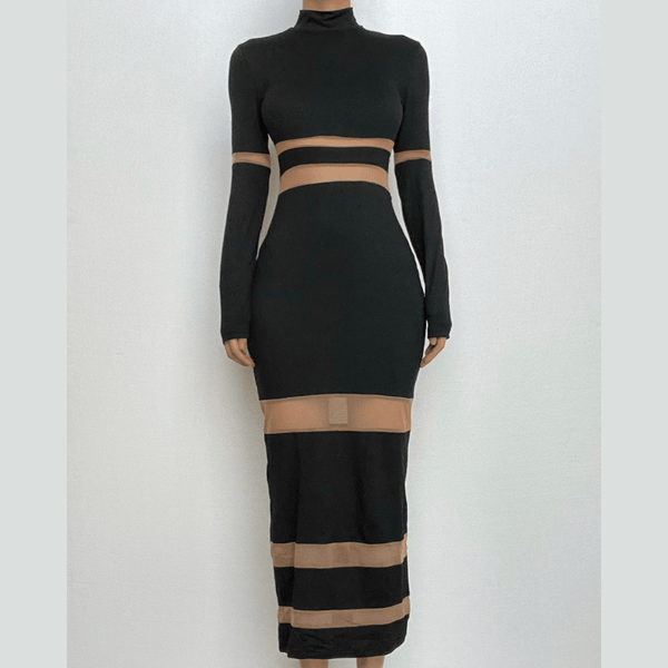 Robe longue à col montant et manches longues en maille patchwork contrastée