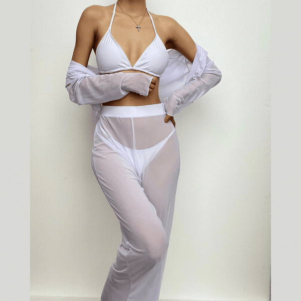 Maillot de bain 4 pièces à manches longues, col retourné, pantalon uni à licou