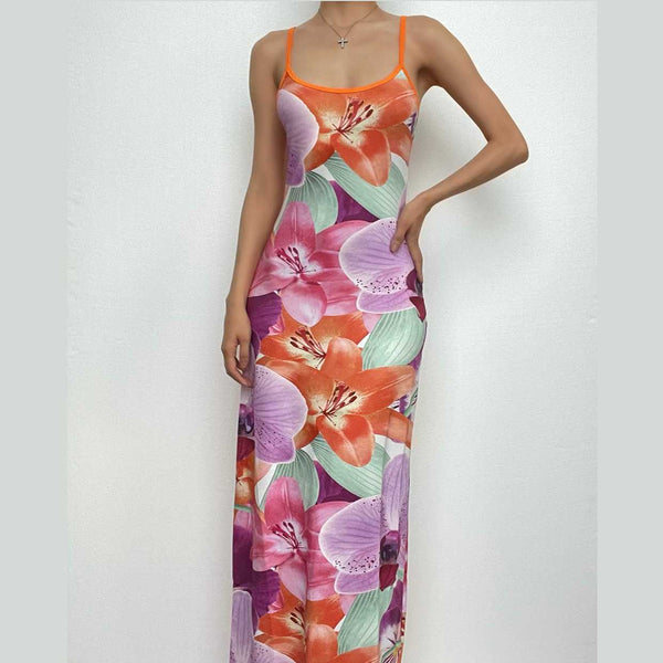 Robe longue à imprimé floral contrasté, dos nu, fente, col carré