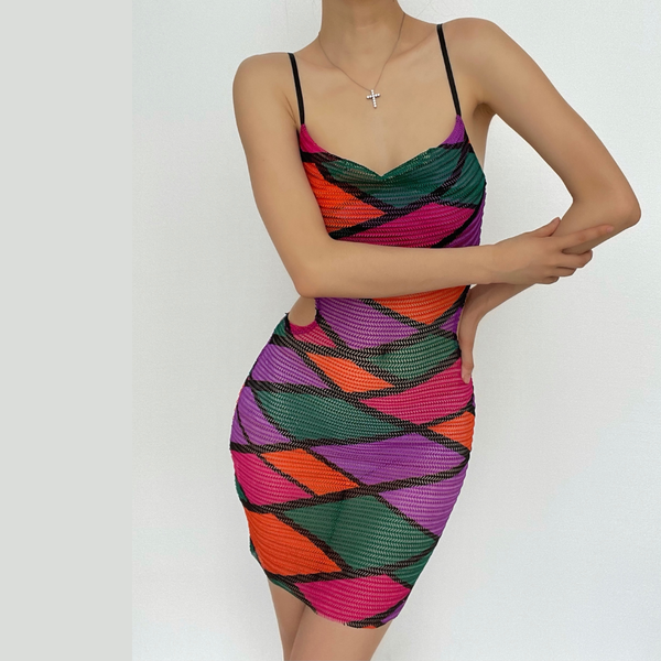 Hollow out sheer mesh see through print contrast cami dress  | samba dress