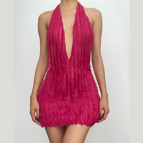 Robe mini dos nu à volants texturés et col en V | Robe tango rouge 