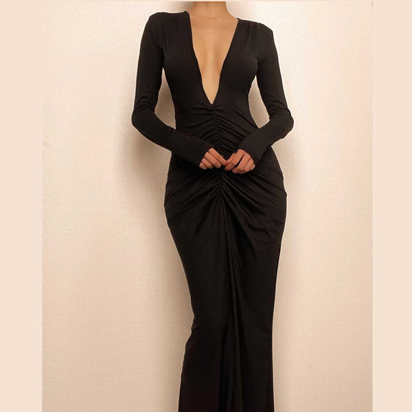 Ruched long sleeve v neck solid 2-way maxi dress  | red tango dress