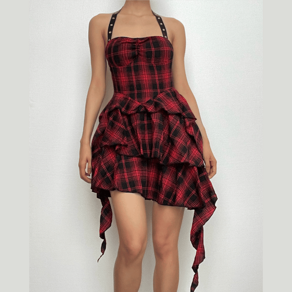 Zip-up halter contrast irregular plaid backless mini dress  | red tango dress