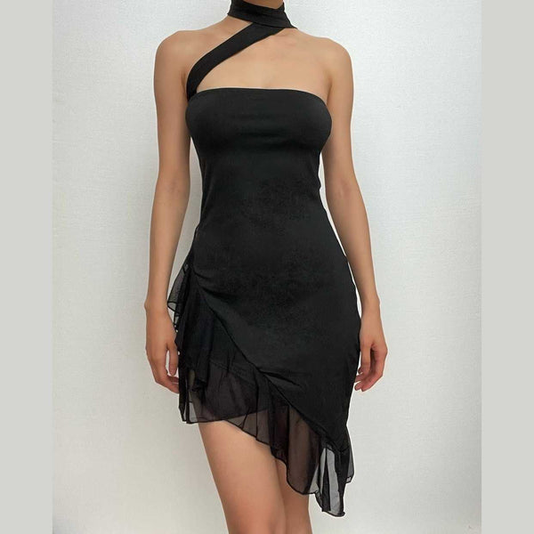 Mini-robe dos nu à volants irréguliers et couleur unie 