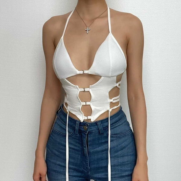 Button hollow out v neck halter backless lace up crop cut out top