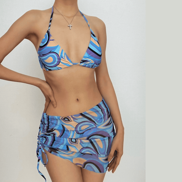 Maillot de bain 3 pièces dos nu en maille avec cordon de serrage et imprimé contrasté