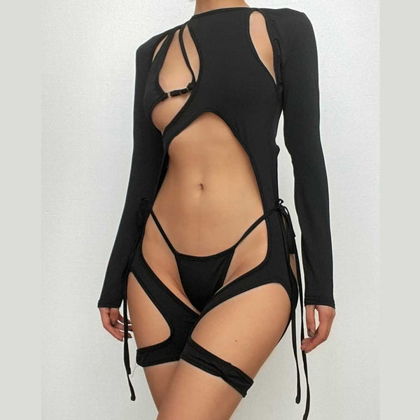 Long sleeve hollow out zip-up irregular solid cut out top