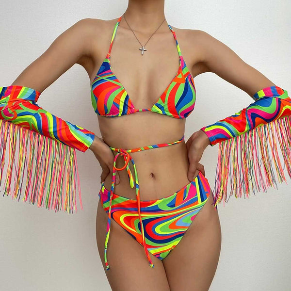 Maillot de bain une pièce dos nu contrasté à nouer avec gants