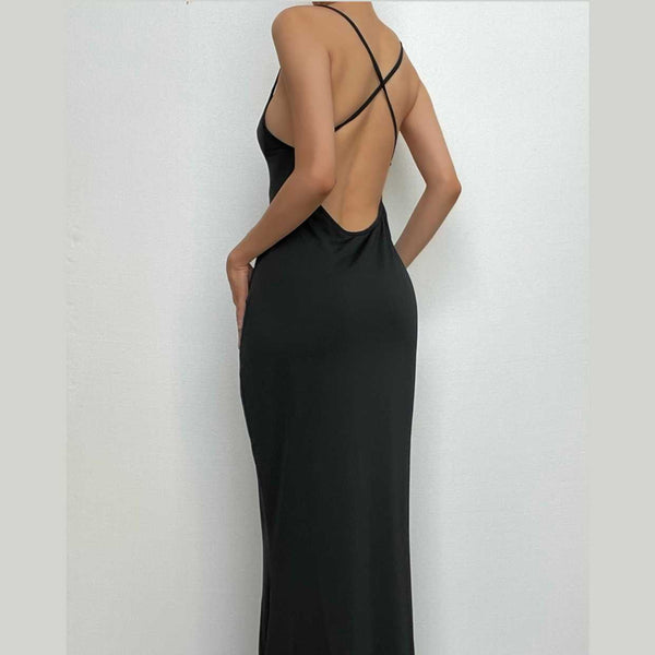 Robe midi dos nu à dos croisé et décolleté profond | Robe noire rave | Robe noire rave 