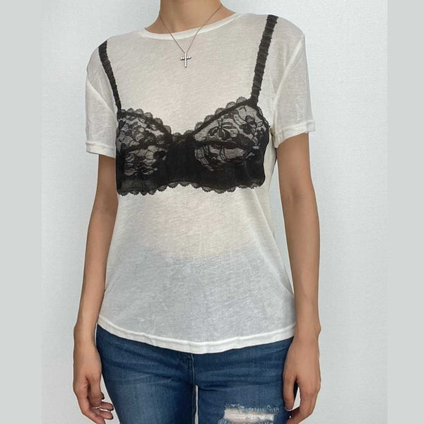 Haut ras du cou à manches courtes et motif de soutien-gorge contrasté 