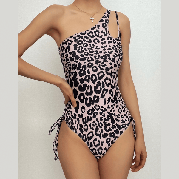 Maillot de bain une pièce irrégulier à une épaule avec cordon de serrage léopard