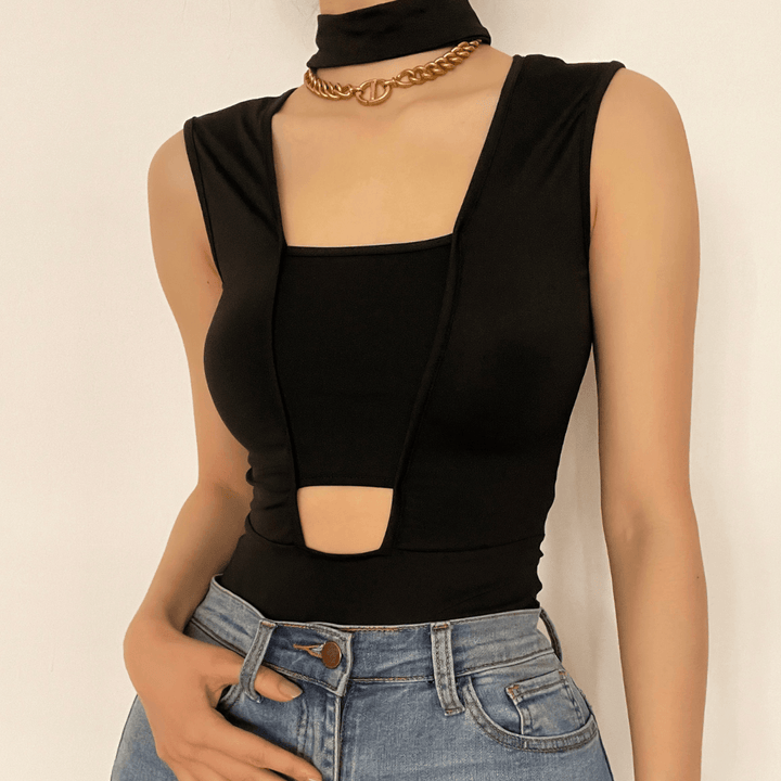 Sleeveless hollow out bodysuit - Halibuy