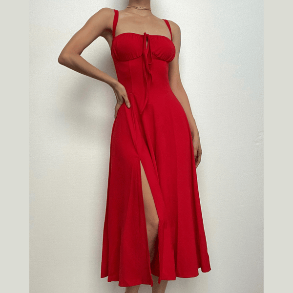 Ruched solid sweetheart neck slit sleeveless midi dress  | red tango dress