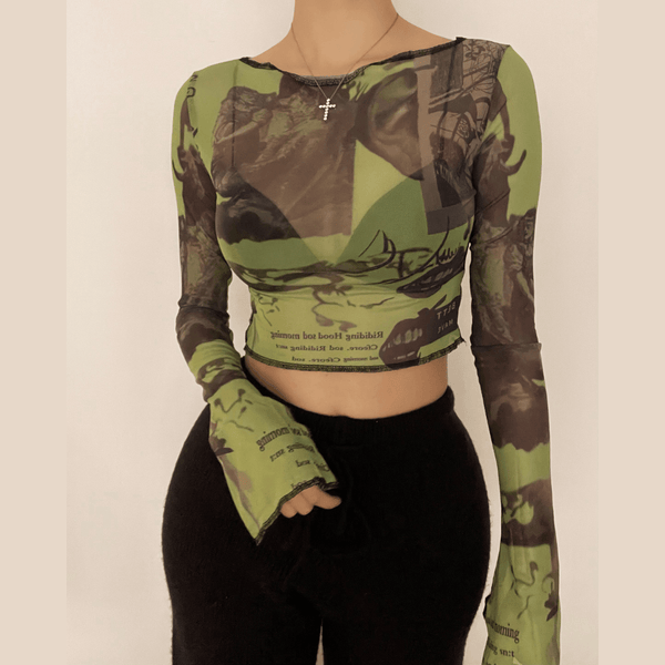 Print mesh see-through ruffled flared sleeve top - Halibuy