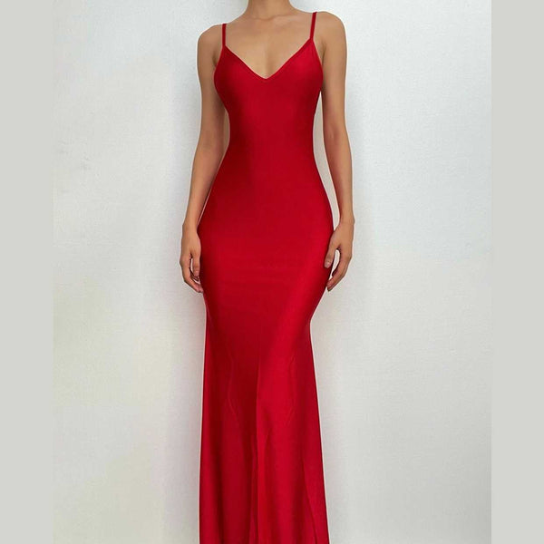 Low cut v neck ruched solid backless cami maxi dress  | red tango dress