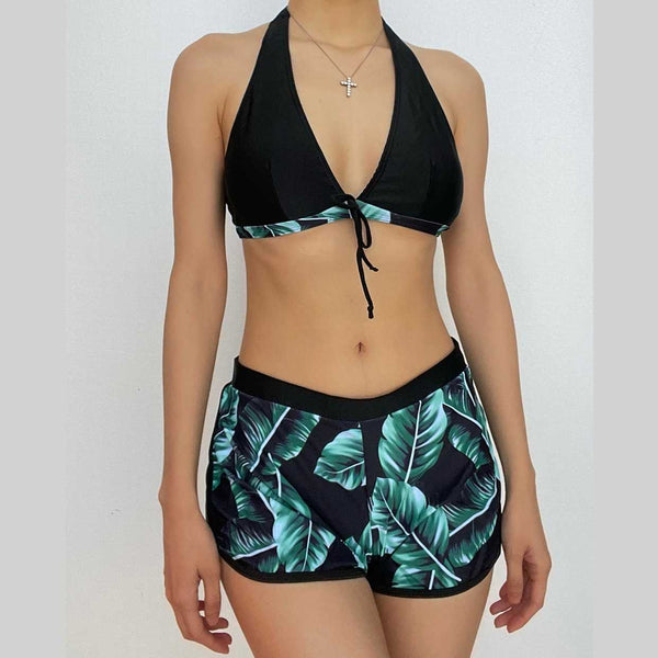 Maillot de bain 3 pièces à col en V et boutons contrastés, dos nu