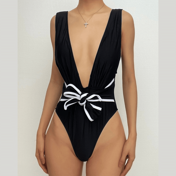 Maillot de bain une pièce contrasté sans manches à col en V 