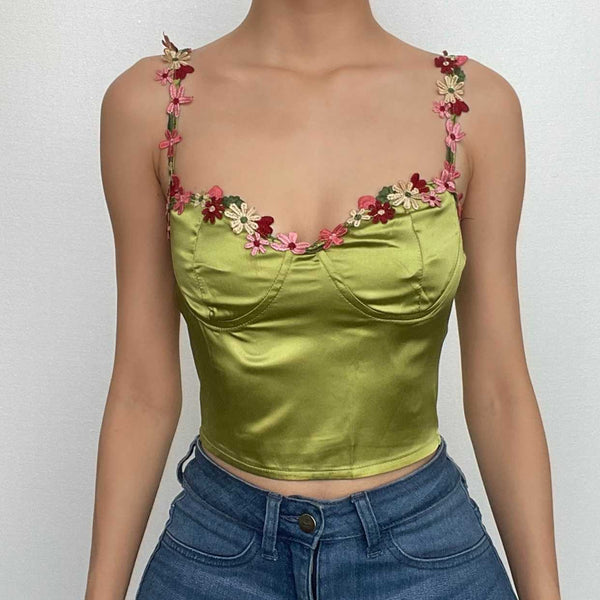 Haut court en satin à col en cœur et broderie florale avec fermeture éclair 
