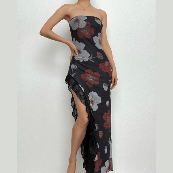 Robe midi tube irrégulière à volants et fente contrastée en maille à imprimé fleuri 