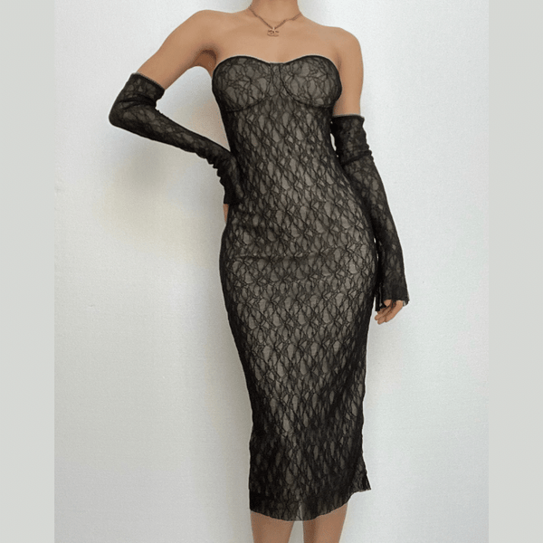 Robe mi-longue tube dos nu à col en cœur et gants en dentelle