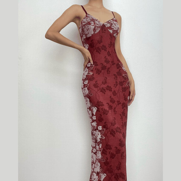Flower print v neck backless mesh contrast cami midi dress  | red tango dress