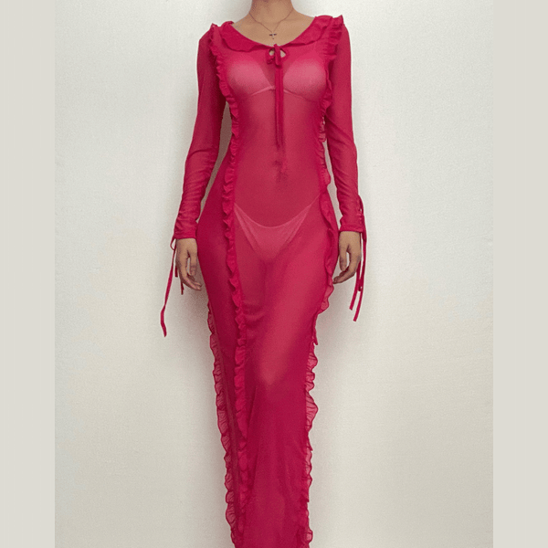 Robe longue à volants, col roulé, maille transparente, manches longues | robe de tango rouge | robe de samba 