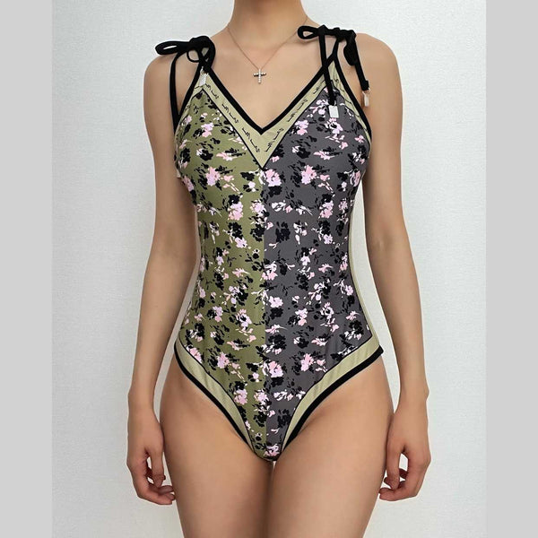 Maillot de bain une pièce à motif floral contrasté, col en V et dos nu