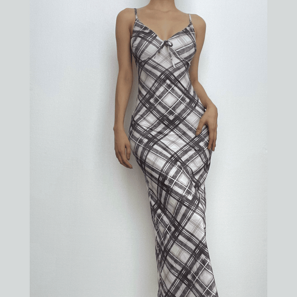 Robe longue camisole dos nu à carreaux contrastés et col en V