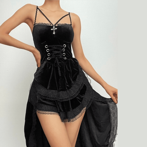 Velvet lace hem ruched lace up backless irregular midi dress  | red tango dress