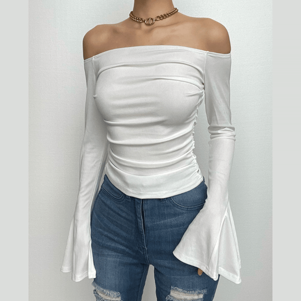Ribbed long flared sleeve solid ruched off shoulder top