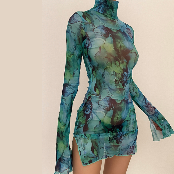 Sheer mesh see through print high neck slit long sleeve mini dress  | samba dress