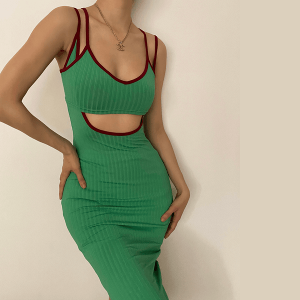 Hollow out V neck ribbed midi dress - Halibuy