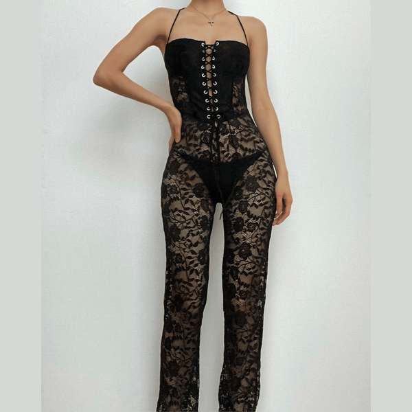 Combinaison dos nu en dentelle transparente à lacets solides