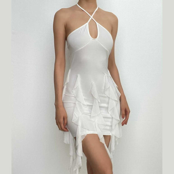 Ruffle halter solid cross front backless self tie mini dress  | black rave dress  | black rave dress