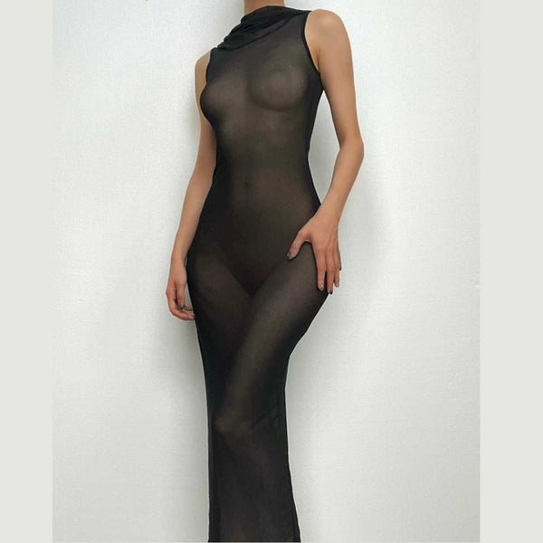 Robe longue sans manches à capuche transparente en maille transparente | robe samba 