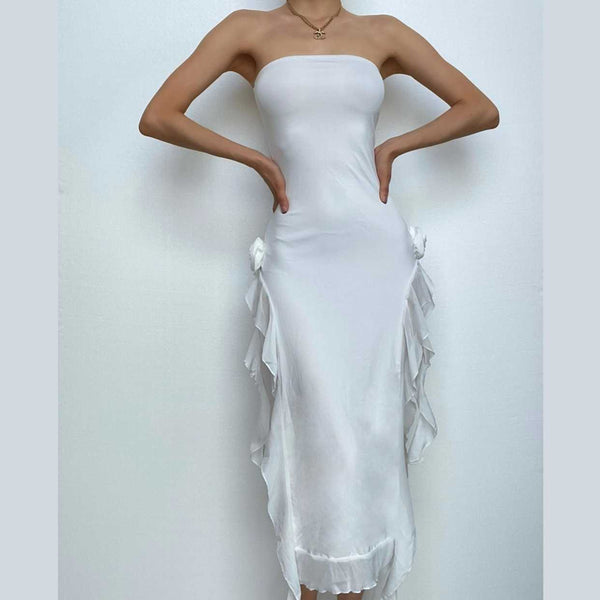 Flower applique solid backless ribbon slit tube maxi dress  | red tango dress