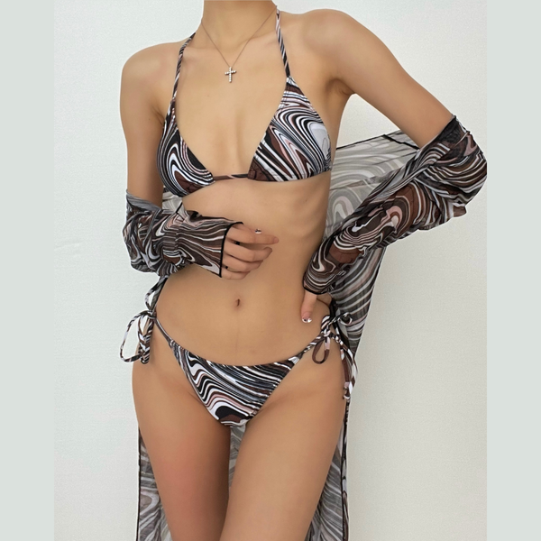 Maillot de bain 3 pièces à manches longues et col licou en maille à imprimé contrasté ondulé