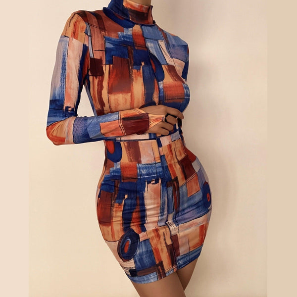 High neck printed mini dress - Halibuy