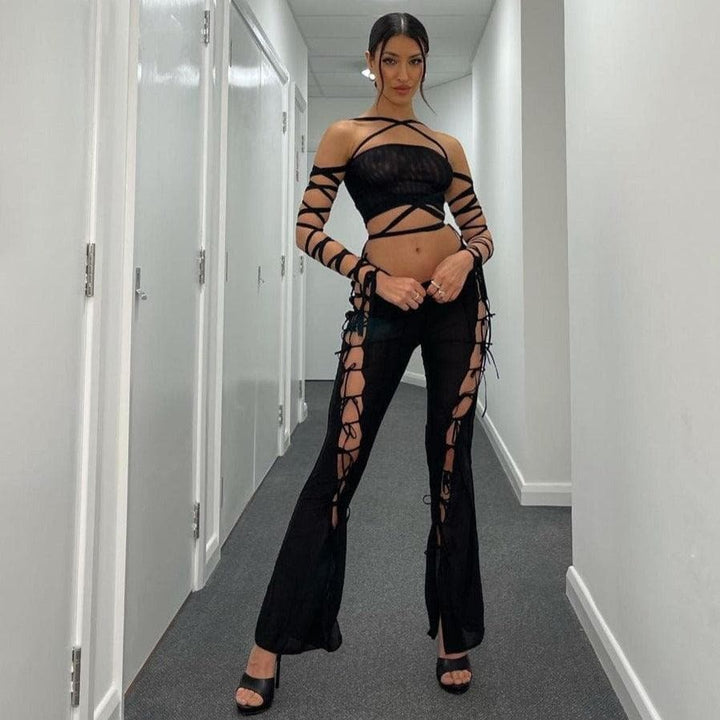 Bandage mesh see-through lace up tube top - Halibuy