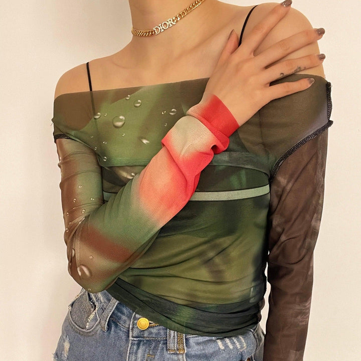 Long sleeve off shoulder mesh see through print top - Halibuy