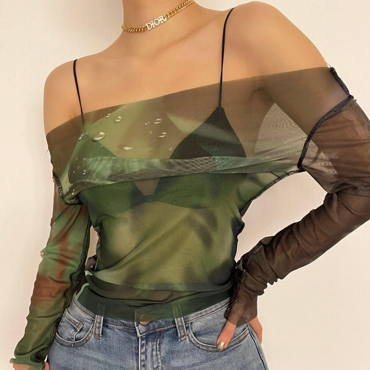Long sleeve off shoulder mesh see through print top - Halibuy