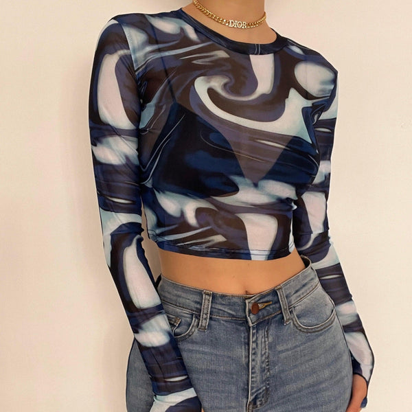 Crewneck mesh see through print long sleeve gloves crop top - Halibuy