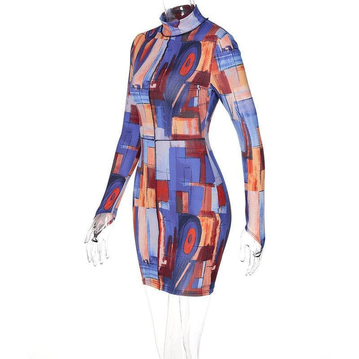 High neck printed mini dress - Halibuy