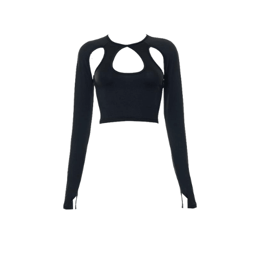 Long sleeve hollow out gloves solid crop top - Halibuy