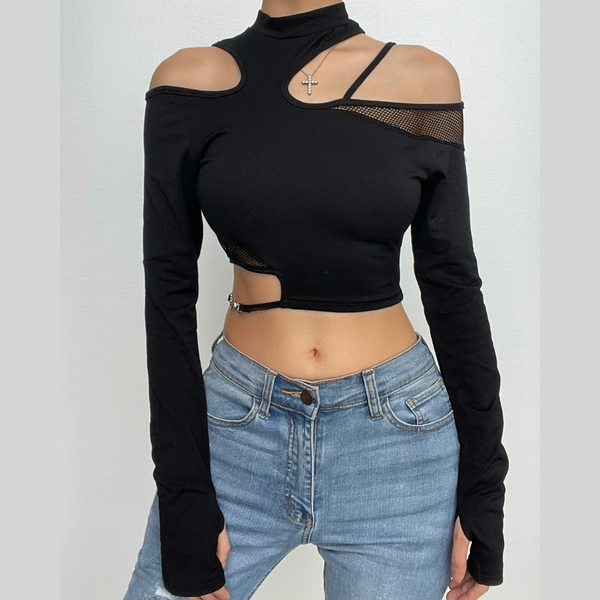 Fishnet patchwork off shoulder long sleeve gloves irregular top